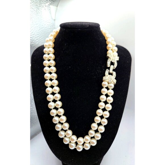 Signed Coralee Double Strand Faux Pearl Necklace Rhinestone Accent - Picture 1 of 5